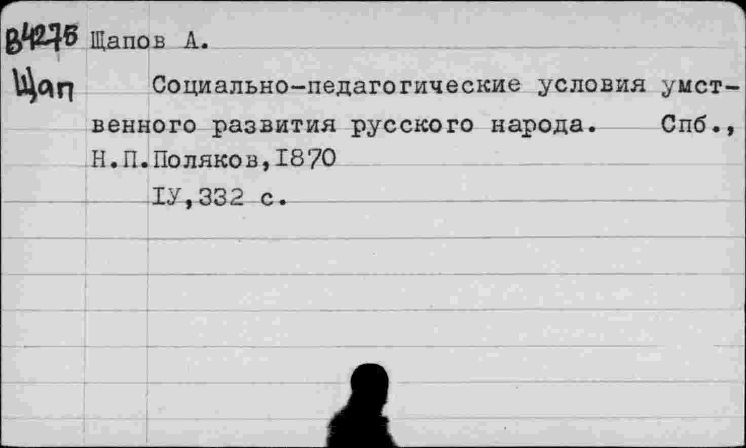 ﻿еда Щапов А.

Социально-педагогические условия умст-
венного развития русского народа. Спб.,
Н.П.Поляков,18?0